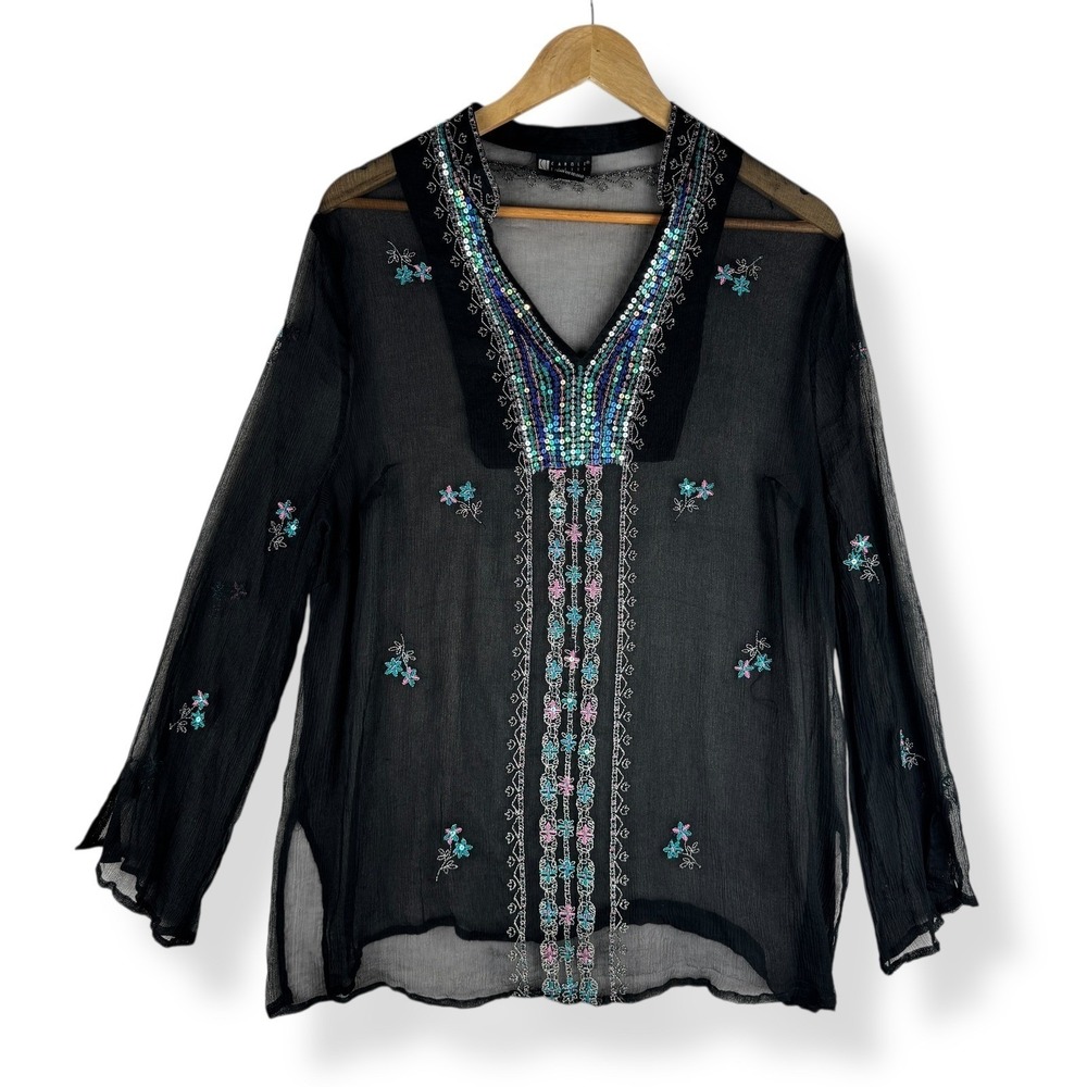 Carole Little Sheer 100% Silk Beaded Top Size 1X Embroidered Artsy Sequins Glam